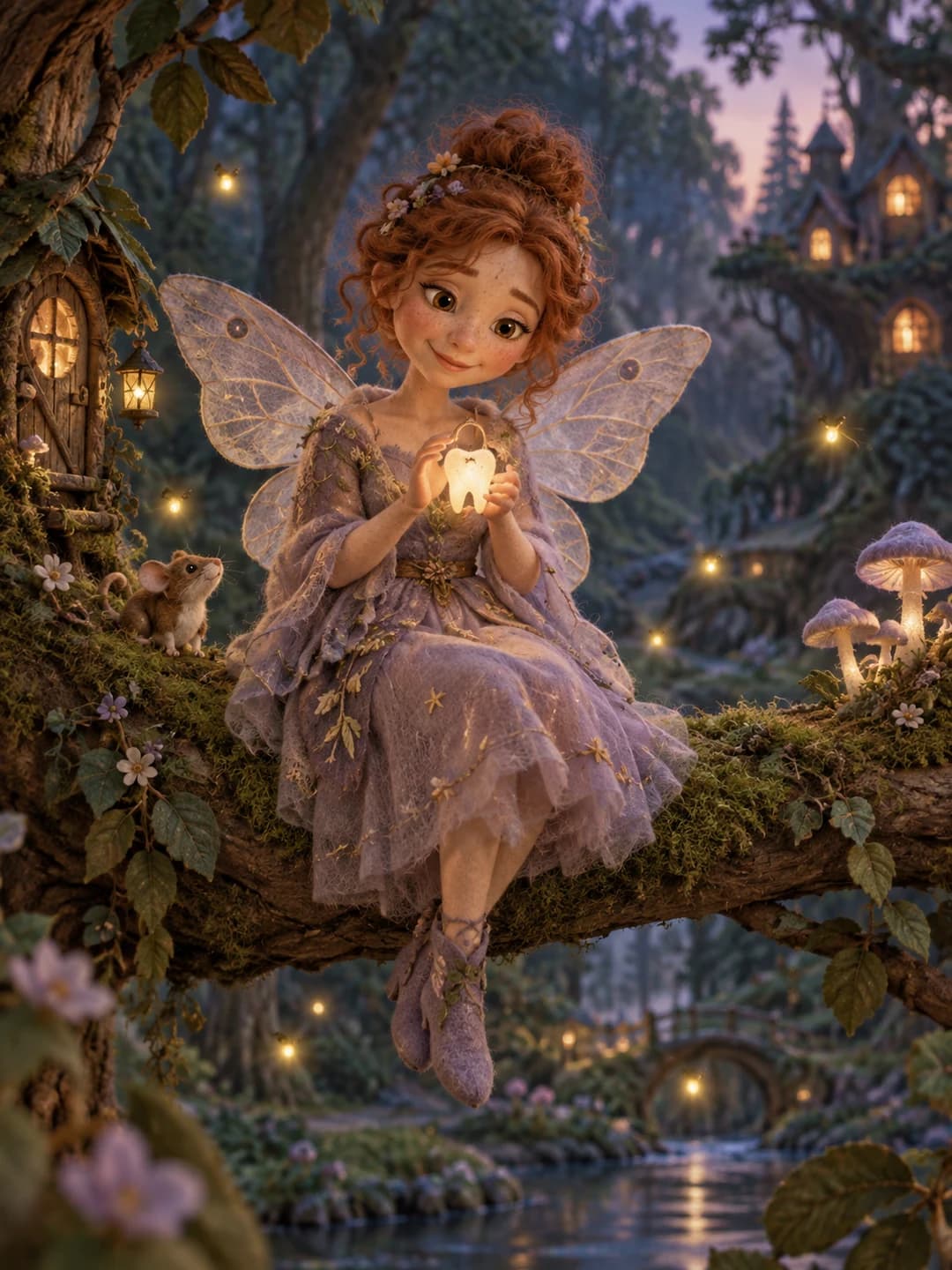 The Tooth Fairy holding a glowing tooth lantern in her moonlit forest